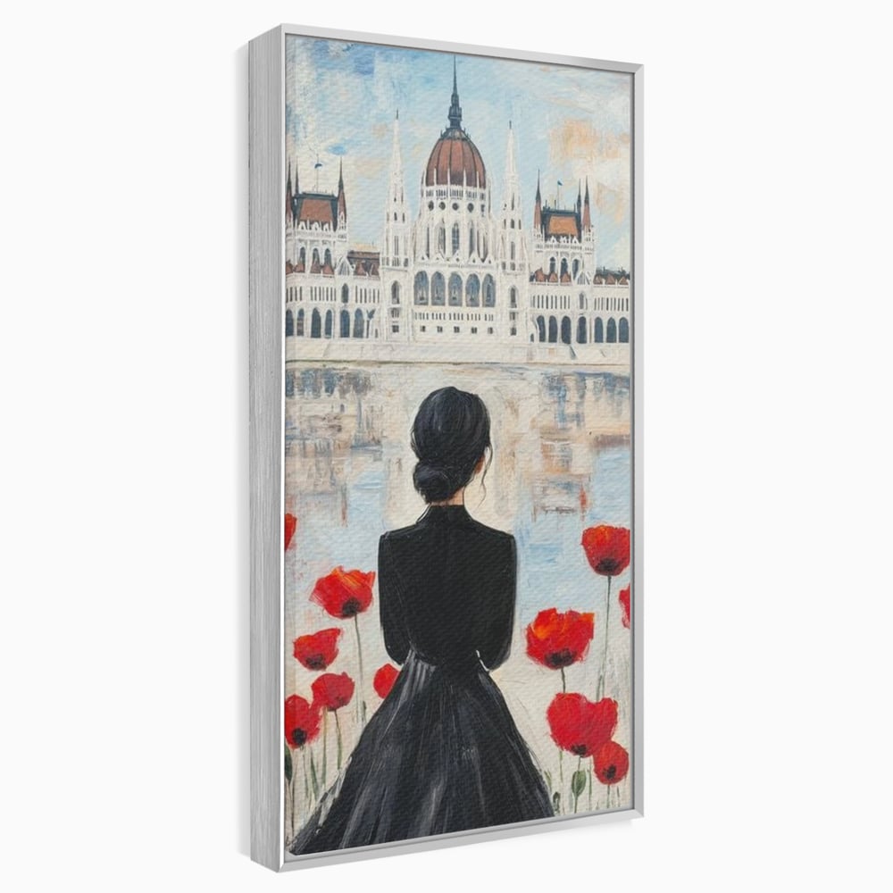 Tablou canvas cu tablou canvas cu femeie si maci, in rama de aluminiu argintiu
